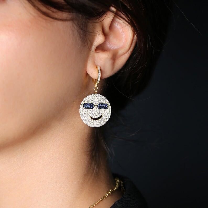Smile Emoji Design Dangle Earrings Turkish Wholesale Handmade 925 Sterling Silver Jewelry