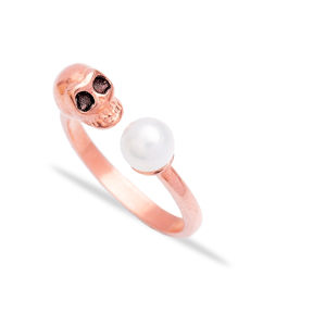 Trendy Turkish Wholesale Handcrafted Silver Skull Design Pearl Ring