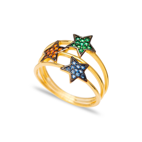 Triple Minimalist Star Charm Mix Stone Ring Wholesale Handcrafted 925 Sterling Silver Jewelry