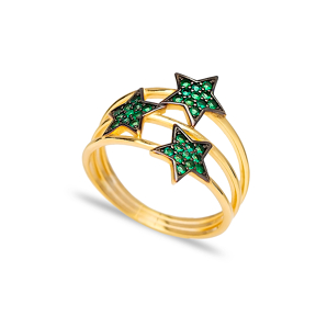 Triple Minimalist Star Charm Emerald Stone Ring Wholesale Handcrafted 925 Sterling Silver Jewelry