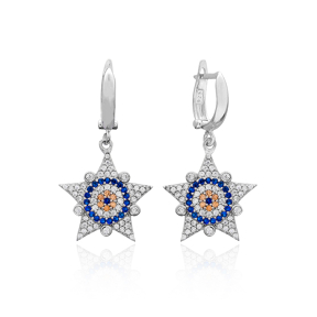 Evil Eye Sheriff Star Design Turkish Wholesale 925 Sterling Silver Jewelry Earring