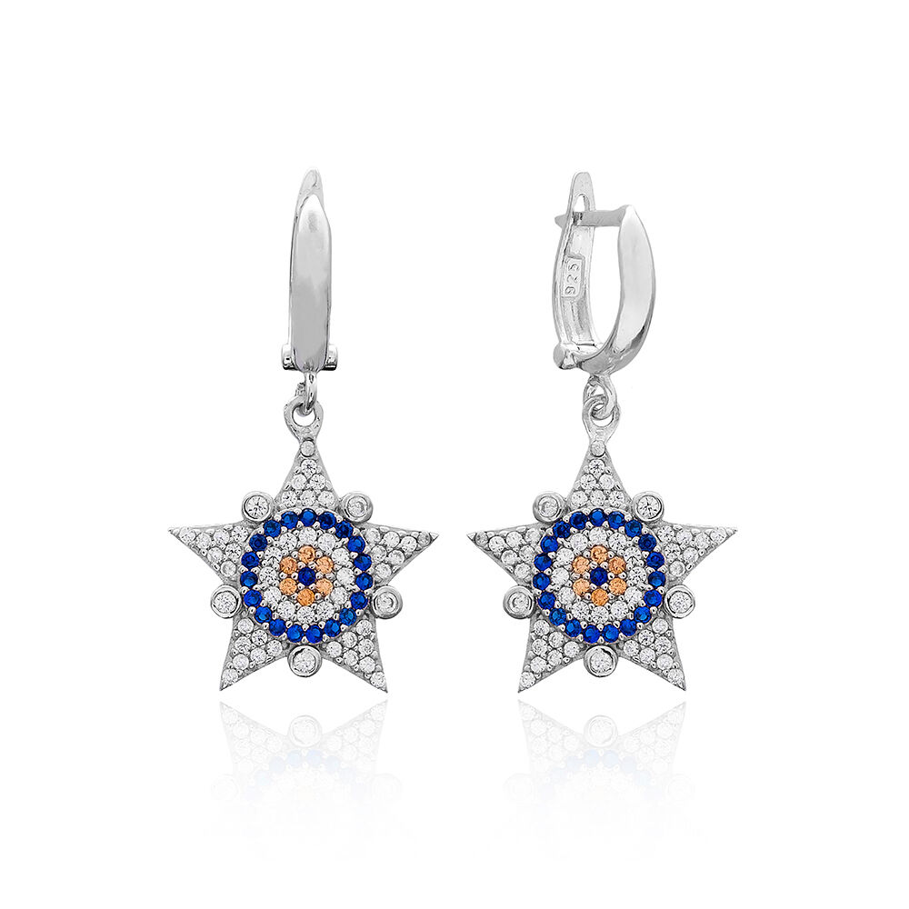 Evil Eye Sheriff Star Design Turkish Wholesale Sterling Silver Jewelry Earring