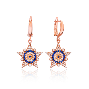 Evil Eye Sheriff Star Design Turkish Wholesale 925 Sterling Silver Jewelry Earring