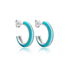 Turquoise Enamel Zircon Stone Round Design Stud Earrings Turkish Handmade Wholesale 925 Sterling Silver Jewelry