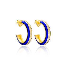 Blue Enamel Zircon Stone Round Design Stud Earrings Turkish Handmade Wholesale 925 Sterling Silver Jewelry