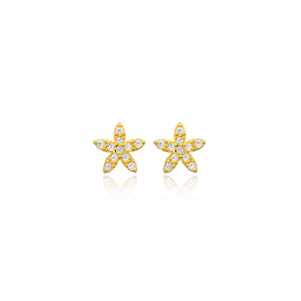 Minimalist Flower Design Zircon Stone Stud Earrings Turkish Handmade Wholesale 925 Sterling Silver Jewelry