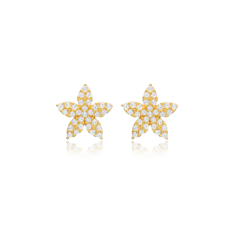 New Design Flower Design Zircon Stone Stud Earrings Turkish Handmade Wholesale 925 Sterling Silver Jewelry