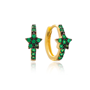Emerald Stone Star Hoop Earrings Turkish Wholesale Handmade 925 Sterling Silver Jewelry