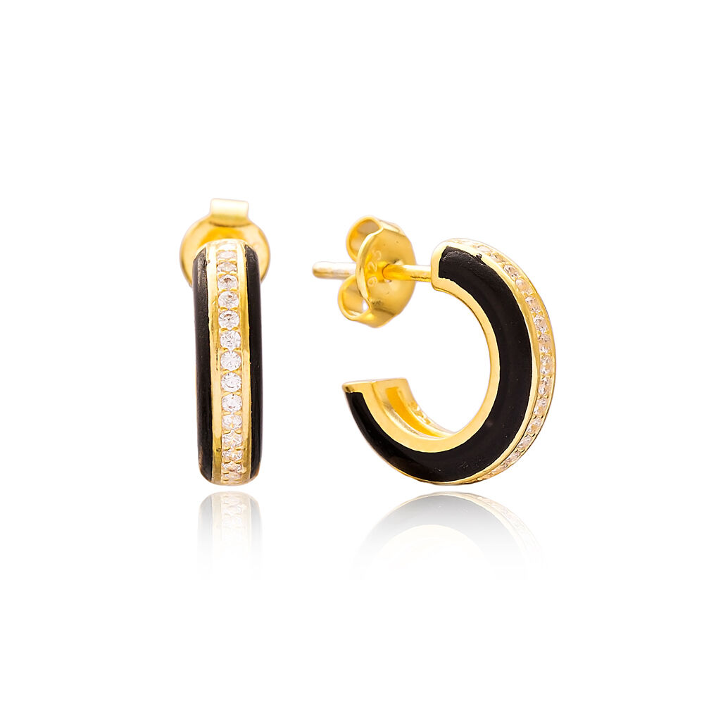 Ø14 mm Black Enamel Zircon Stone Round Design Stud Earrings Turkish Handmade Wholesale 925 Sterling Silver Jewelry
