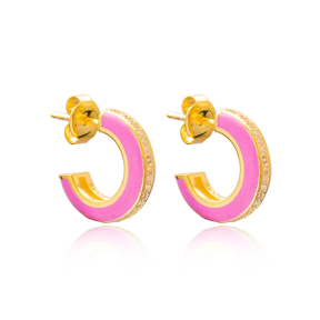 Ø14 mm Minimal Pink Enamel Stud Earrings Turkish Handmade Wholesale 925 Sterling Silver Jewelry
