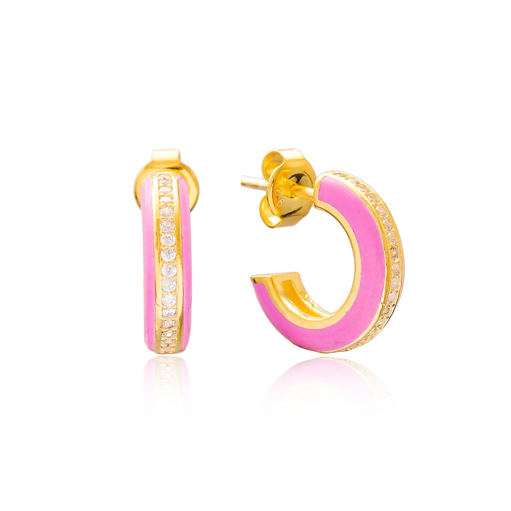 Ø14 mm Minimal Pink Enamel Stud Earrings Turkish Handmade Wholesale 925 Sterling Silver Jewelry