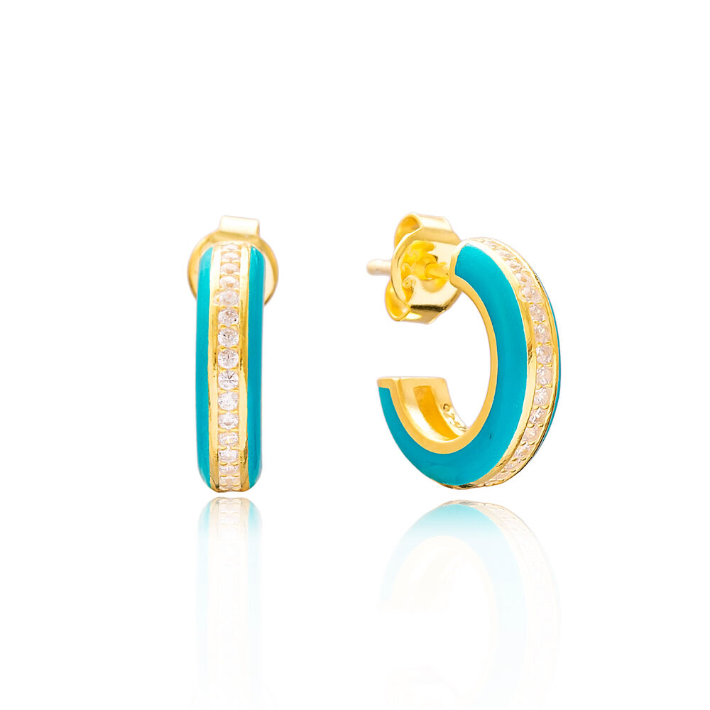 Ø14 mm Minimal Turquoise Enamel Stud Earrings Turkish Handmade Wholesale 925 Sterling Silver Jewelry