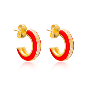 Ø14 mm Minimal Red Enamel Stud Earrings Turkish Handmade Wholesale 925 Sterling Silver Jewelry