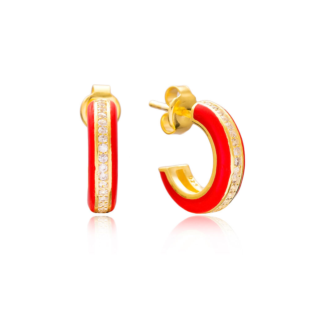 Ø14 mm Minimal Red Enamel Stud Earrings Turkish Handmade Wholesale 925 Sterling Silver Jewelry