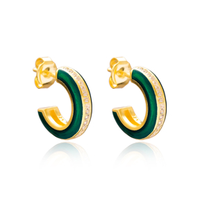 Ø14 mm Minimal Dark Green Enamel Stud Earrings Turkish Handmade Wholesale 925 Sterling Silver Jewelry