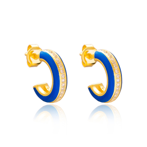 Ø14 mm Minimal Navy Blue Enamel Stud Earrings Turkish Handmade Wholesale 925 Sterling Silver Jewelry