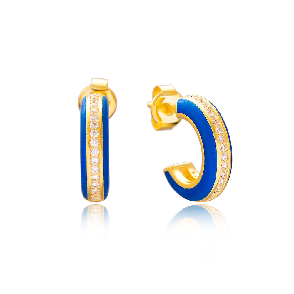 Ø14 mm Minimal Navy Blue Enamel Stud Earrings Turkish Handmade Wholesale 925 Sterling Silver Jewelry