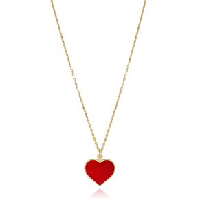 Red Heart Enamel Charm Necklace Wholesale Turkish 925 Sterling Silver Jewelry