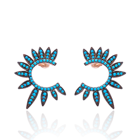 Half Round Of Wing In Stud Earring Turquoise Wings Earrings Turkish Handmade Wholesale 925 Sterling Silver Jewelry