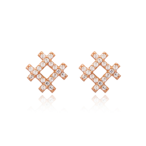 Square Stud Earring Turkish Handmade 925 Sterling Silver Jewelry