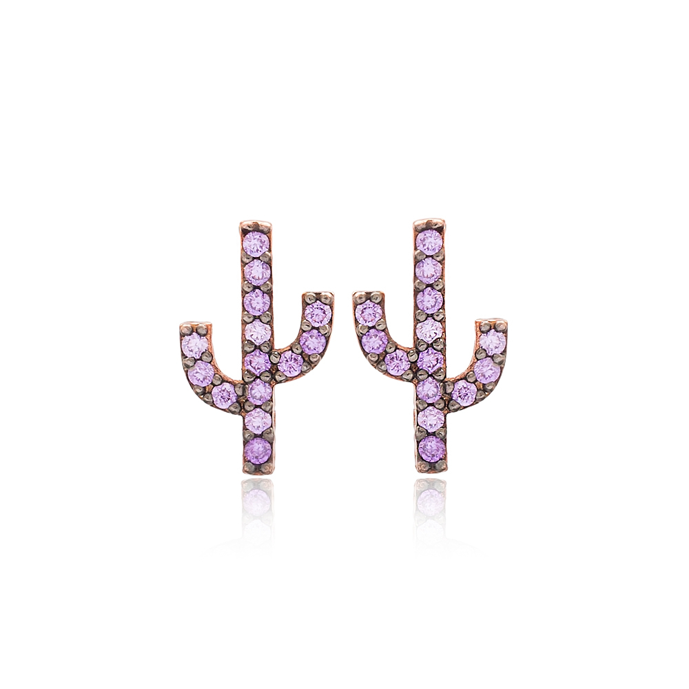 Amethyst Stone Cactus Design Stud Earrings Turkish Wholesale 925 Sterling Silver Jewelry