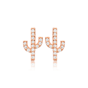 Zircon Stone Cactus Design Stud Earrings Turkish Wholesale 925 Sterling Silver Jewelry