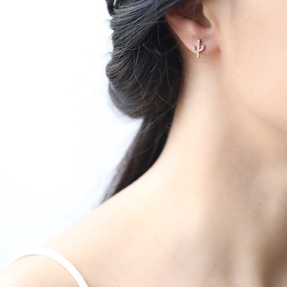 Zircon Stone Cactus Design Stud Earrings Turkish Wholesale 925 Sterling Silver Jewelry
