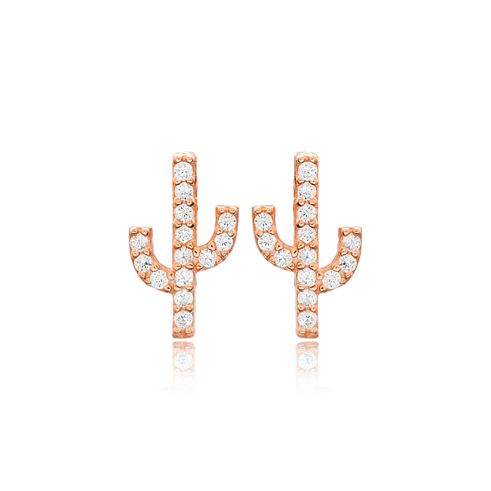Zircon Stone Cactus Design Stud Earrings Turkish Wholesale 925 Sterling Silver Jewelry