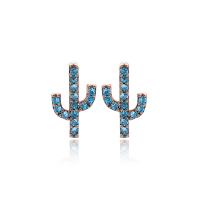 Blue Stone Cactus Design Stud Earrings Turkish Wholesale 925 Sterling Silver Jewelry