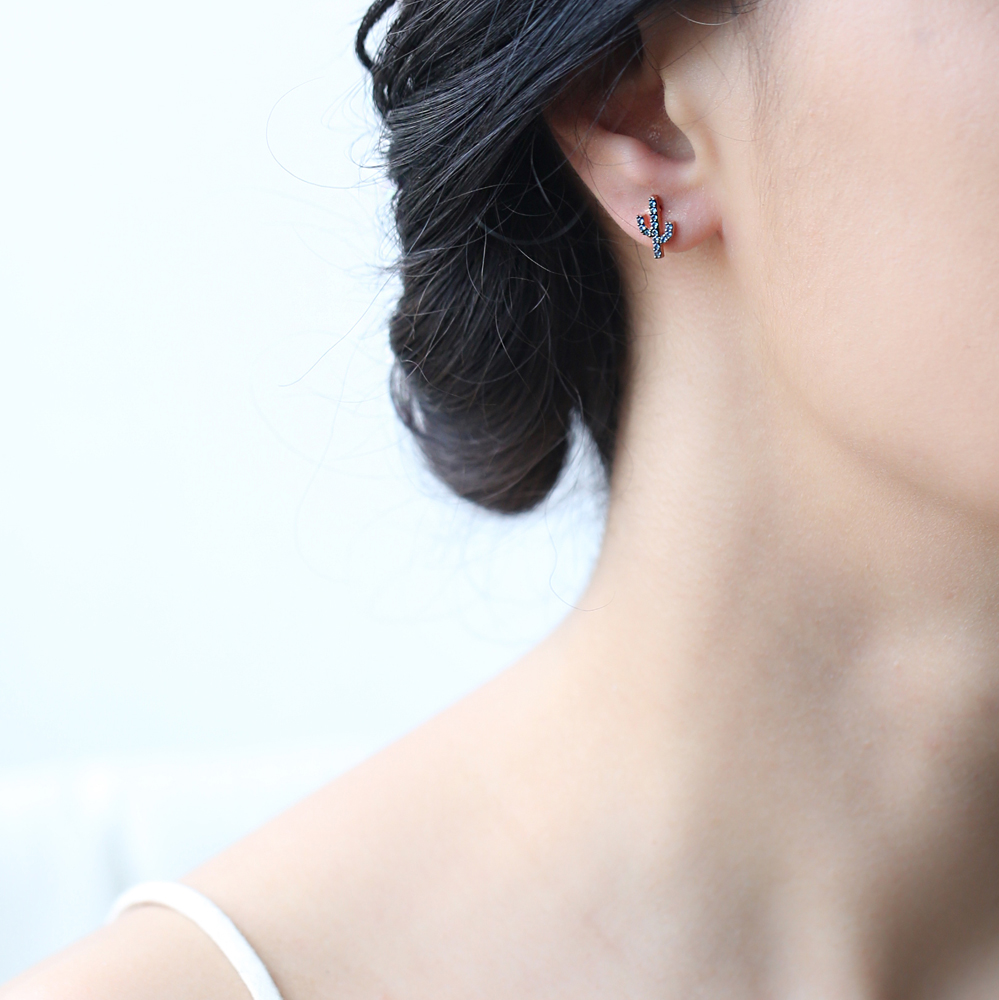Blue Stone Cactus Design Stud Earrings Turkish Wholesale 925 Sterling Silver Jewelry