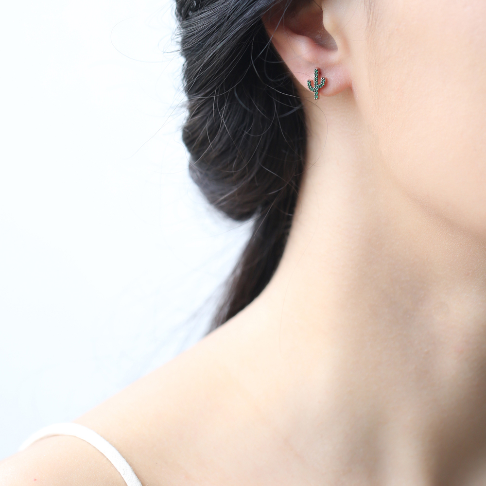 Emerald Stone Cactus Design Stud Earrings Turkish Wholesale 925 Sterling Silver Jewelry