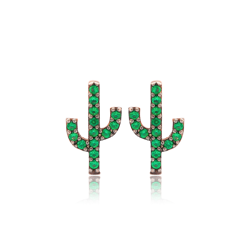 Emerald Stone Cactus Design Stud Earrings Turkish Wholesale 925 Sterling Silver Jewelry