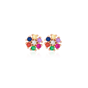 Minimalist Rainbow Flower Design Stud Earrings Turkish Wholesale 925 Sterling Silver Jewelry