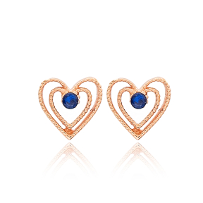 Intertwined Heart Design Sapphire Stone Stud Earrings Turkish Handcrafted Wholesale Jewelry 925 Sterling Silver Earrings