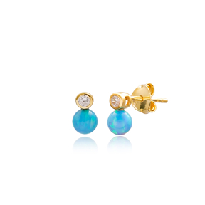 Blue Ball Design Stud Earrings Wholesale Turkish Sterling Silver Jewelry