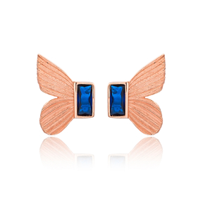 Butterfly Design Sapphire Stone Stud Earrings Turkish Handmade Wholesale 925 Sterling Silver Jewelry