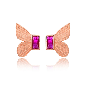 Butterfly Design Ruby Stone Stud Earrings Turkish Handmade Wholesale 925 Sterling Silver Jewelry