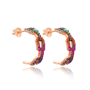 Rainbow Stone Rectangle Design Stud Earrings Turkish Handmade Wholesale 925 Sterling Silver Jewelry