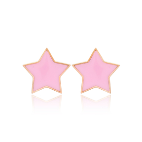 Pink Enamel Star Design Stud Earrings Turkish Handmade Wholesale 925 Sterling Silver Jewelry