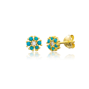 Turquoise Minimalist Flower Design Stud Earrings Turkish Wholesale 925 Sterling Silver Jewelry