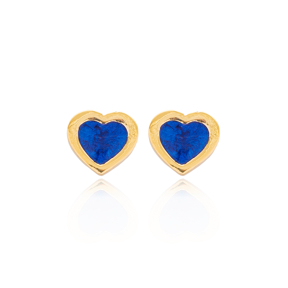 Navy Blue Enamel Heart Design Stud Earrings Wholesale Turkish Handmade 925 Sterling Silver Jewelry