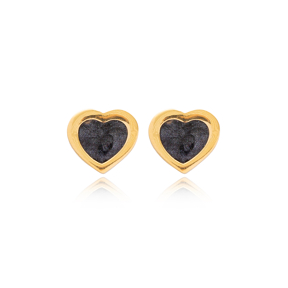 Black Enamel Heart Design Stud Earrings Wholesale Turkish Handmade 925 Sterling Silver Jewelry