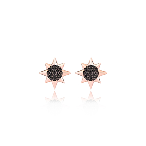 North Star Design Black Zircon Stone Stud Earrings Wholesale Turkish Handmade 925 Sterling Silver Jewelry