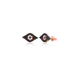 Evil Eye Design Black Zircon Stone Stud Earrings Wholesale Turkish Handmade 925 Sterling Silver Jewelry