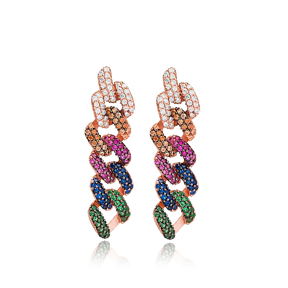 Dainy Mix Stone Chain Design Earring Handcrafted Wholesale Turkish 925 Silver Sterling Jewelry