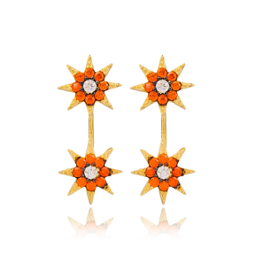 Star Shape Orange Zircon Stone Stud Earring Handcrafted Wholesale Turkish 925 Silver Sterling Jewelry