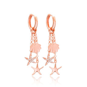 Seashell and Starfish Design 925 Silver Sterling  Long Earrings