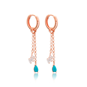 Turquoise Stone Elegant Baguette Design Long Earrings Wholesale Handmade 925 Silver Sterling Jewelry