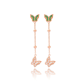 Butterfly Animal Design Emerald with Zircon Stone Long Earrings Turkish Handmade Wholesale 925 Silver Sterling Long Earrings