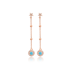 Star Design Aquamarine with Zircon Stone Round Shape Long Earrings Turkish Handmade Wholesale Jewelry 925 Silver Sterling Earrings